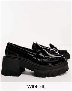Черные лакированные лоферы на массивном каблуке на среднем каблуке Wide Fit Script Asos