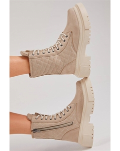 Женские кремовые замшевые удобные длинные ботинки со стеганым рисунком и шнуровкой Tonny black