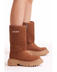 Женские удобные длинные ботинки светло-коричневого цвета со стеганым узором Tonny black