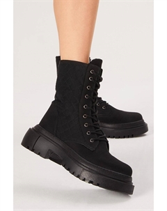 Женские черные замшевые удобные длинные ботинки со стеганым рисунком и шнуровкой Tonny black