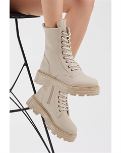 Женские удобные длинные ботинки кремового цвета на шнуровке Tonny black