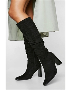 Сапоги до колена со сборками на блочном каблуке, черный Boohoo