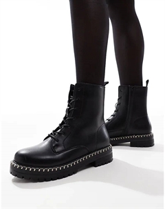 Байкерские ботинки со шнуровкой и стежками черного цвета Yours