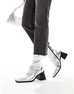 Женские полусапожки Ria из кожи на среднем каблуке, серебристый Asos design