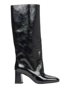 Женские лаковые сапоги до колена с широким голенищем и блочным каблуком., черный Estro