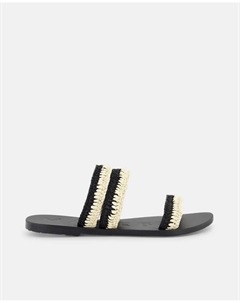 Женские сандалии на плоской подошве из рафии с двойным полосатым ремешком, черный Manebi