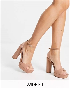 Бежевые минималистичные босоножки на платформе с ремешками и блочным каблуком Wide Fit Noun Asos