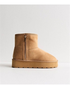 Широкие ботинки светло-коричневого цвета на подкладке из искусственного меха на молнии, песочный New look