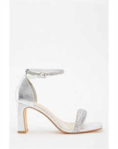 Босоножки на высоком каблуке из полиуретана с ремешками украшенными стразами, серебряный Quiz