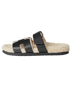 Мужские шлепанцы Hermes с мехом, черный/белый Hermès