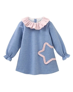 Синее платье для девочки с рюшами на воротнике и контрастной вышивкой в ​​виде звезд, мультиколор Dadati