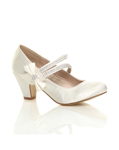 Атласные туфли Мэри Джейн на среднем каблуке с бантом, белый Ajvani