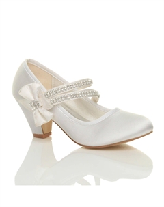 Атласные туфли Мэри Джейн на среднем каблуке с бантом, белый Ajvani