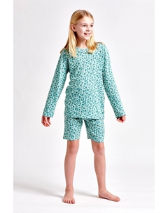 Топ с длинным рукавом с животным принтом и короткая бамбуковая пижама, синий Green treat