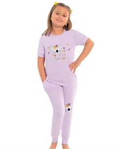 Хлопковый пижамный комплект для девочек с короткими рукавами и принтом и полосками карманов, сирень Little frog kids