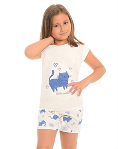 Хлопковые шорты с короткими рукавами и рисунком, пижамный комплект для девочек, экрю-беби-голубой Little frog kids