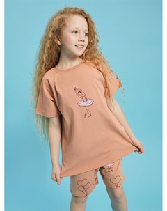 Пижамный комплект с короткими рукавами и шортами для девочек с круглым вырезом и принтом, коралл Pija pija