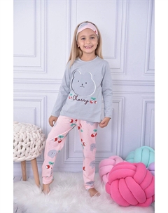 Пижамный комплект с повязками на глаза для девочек серого цвета с текстом Cherry 17029 Pijakids