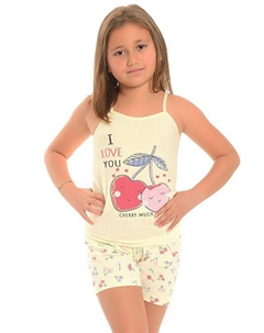 Пижамный комплект для девочки с хлопковыми шортами с тонкими бретелями и узором, желтый Little frog kids