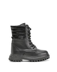 Черные кожаные ботинки для девочек на термоподошве, стеганые по бокам с узором, на шнуровке и на молнии Tonny black