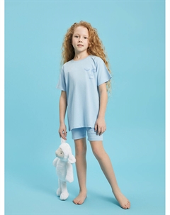 Пижамный комплект с короткими рукавами и шортами для девочек с круглым вырезом и принтом, голубое небо Pija pija