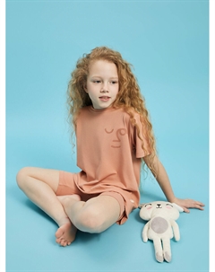 Пижамный комплект с короткими рукавами и шортами для девочек с круглым вырезом и принтом, лосось Pija pija