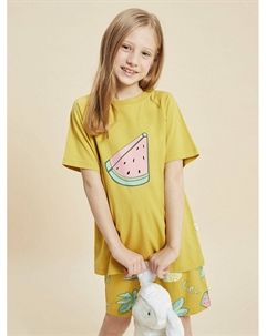 Пижамный комплект с короткими рукавами и шортами для девочек с круглым вырезом и принтом, горчица Pija pija