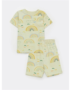 Пижамный комплект с короткими рукавами и шортами для девочек с круглым вырезом и принтом, бежевый Pija pija