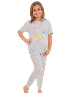 Хлопковый пижамный комплект для девочек с короткими рукавами и принтом и полосками карманов, серый Little frog kids