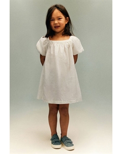 Льняное платье с объемными рукавами, белый H&m