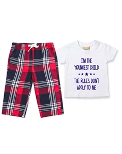 Я самый младший. «Правила ко мне не применимы». Пижамы. Детский пижамный комплект с брюками в клетку тартан., красный 60 second makeover