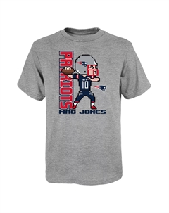 Молодежная футболка Mac Jones Heathered Grey New England Patriots Pixel Player 2.0 Outerstuff