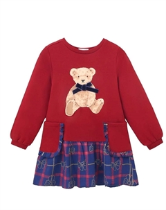 Бордовое плюшевое платье для девочки с медвежьим принтом и клетками, красный Dadati