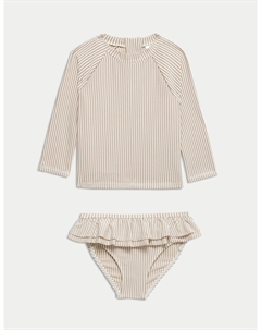 Купальник из 2 частей с полосками и оборками, рукав 3/4, экрю Marks & spencer