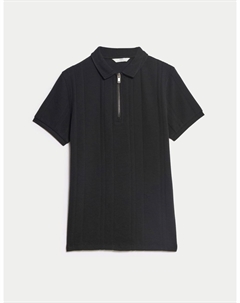Рубашка-поло из чистого хлопка с фактурной застежкой-молнией, черный Marks & spencer