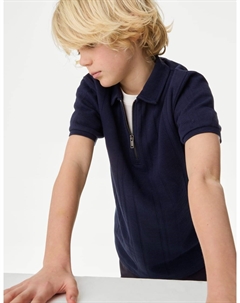 Рубашка-поло из чистого хлопка с фактурной застежкой-молнией, темно-синий Marks & spencer