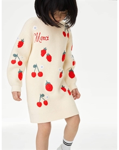Трикотажное платье из хлопковой смеси с фруктовым узором, экрю Marks & spencer