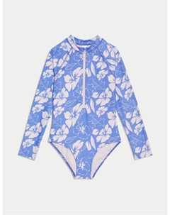 Купальник с длинными рукавами и принтом Гибискус, разноцветный Marks & spencer