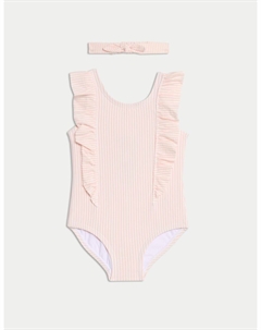 Купальник из полосатой ткани сирсакер и повязка на голову, розовый Marks & spencer