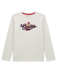 Лонгслив детский хлопковый с длинными рукавами, экрю Guess