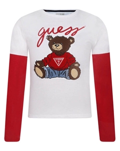 Лонгслив детский с изображением медведя, белый/красный Guess