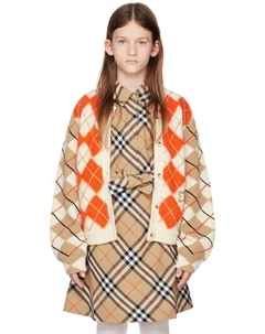 Детский шерстяной кардиган с узором «Аргайл» оранжевого цвета Burberry