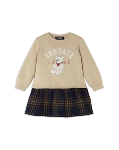 Платье-твил с рисунком «Love Teddy» для девочек из флиса и пряжи, окрашенной в массе — Little Kid, коричневый/бежевый Versace