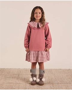 Розовое плюшевое платье для девочки с длинными рукавами в клетку в мелкую клетку Dadati