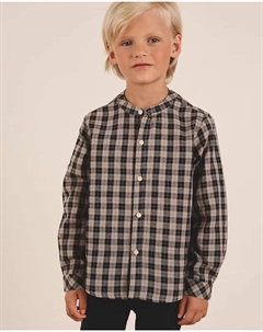Двухцветная рубашка в бежево-черную клетку для мальчика с воротником-стойкой Dadati