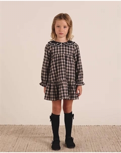 Платье для девочки в двухцветную бежево-черную клетку с вышивкой на шее Dadati