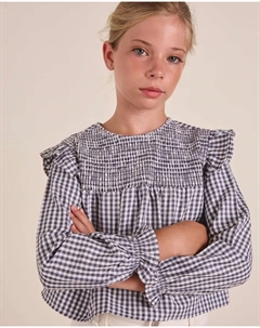 Бело-голубая блузка в мелкую клетку для девочки с длинными рукавами и резинкой на груди Dadati