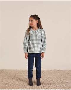 Фланелевая блузка для девочек с длинными рукавами в зелено-белую клетку в клетку и воротником Питера Пэна Dadati