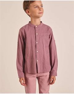 Рубашка для мальчика в двухцветную лилово-белую клетку с воротником-стойкой, фиолетовый Dadati