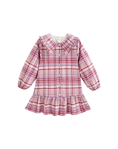 Фланелевое платье для девочки в розово-фиолетовую клетку с воротником в стиле Питера Пэна Dadati